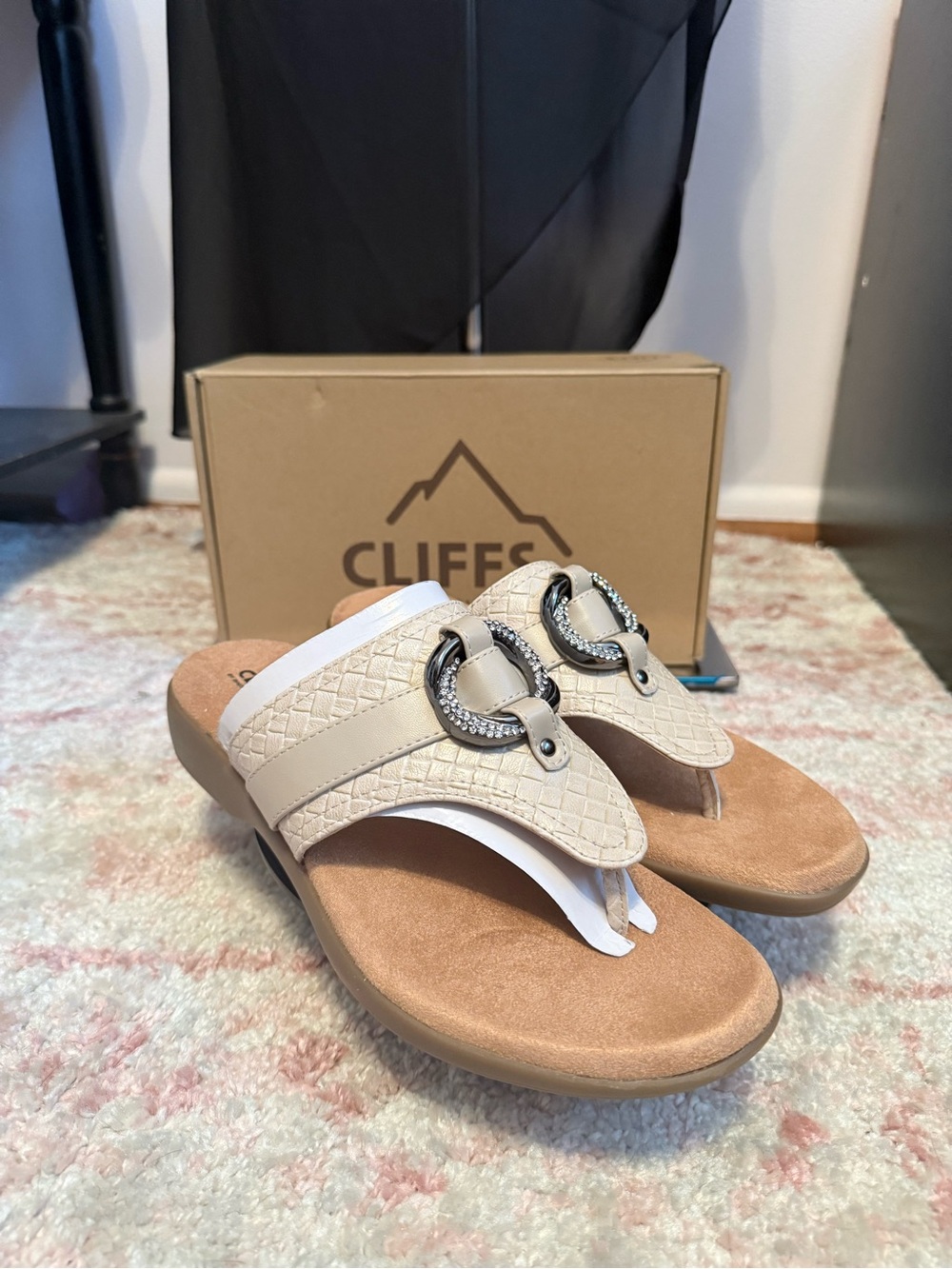 Cliffs by WHITE MOUNTAIN Cream Embellished Thong Sandals with Rhinestone Rings